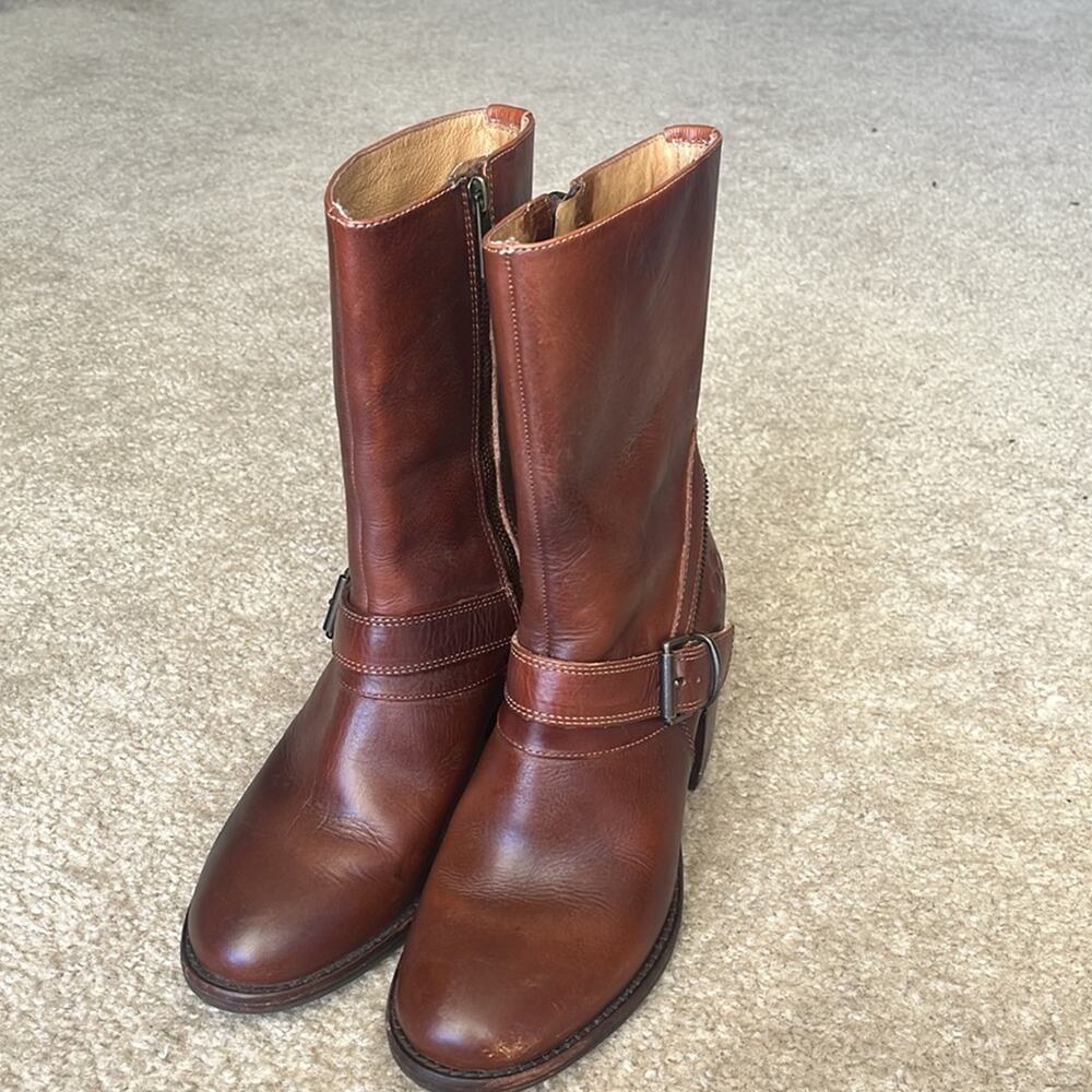 Patricia Nash Lombardy Brown Leather Buckle Chunky Heel Mid Western Cowgirl Boot - Picture 3 of 15